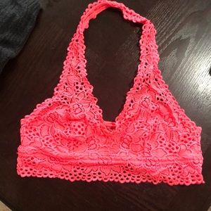 Aerie Neon Bright Pink Halter Lace Unlined Bralette